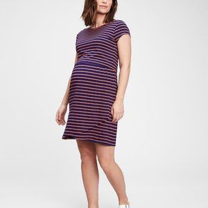 Gap Maternity Overlay Nursing Dress Size Small Navy Blue and Red Stripes EUC